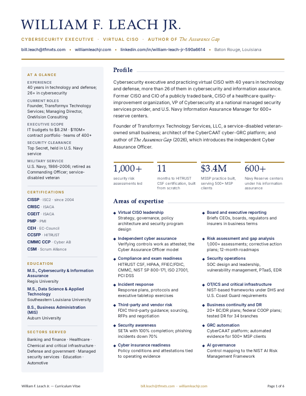 First page of the curriculum vitae