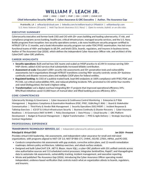 First page of the resume
